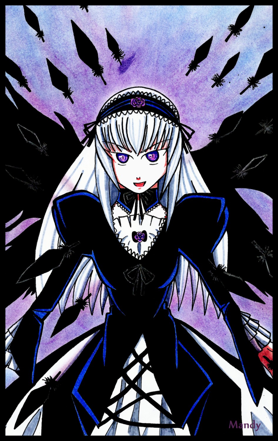 1girl black_wings bug butterfly detached_collar dress flower frills hairband image insect lolita_hairband long_hair long_sleeves looking_at_viewer silver_hair solo suigintou very_long_hair wings