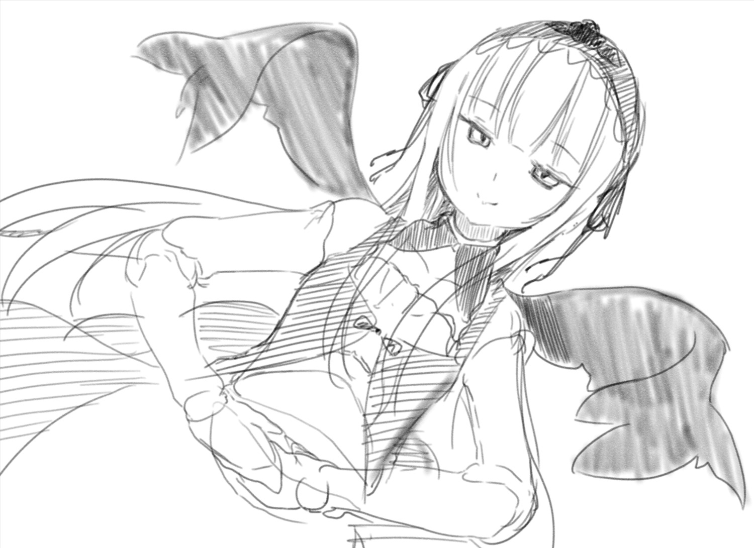 1girl blush feathered_wings greyscale hairband image long_hair long_sleeves looking_at_viewer monochrome sketch smile solo striped suigintou upper_body vertical_stripes wings