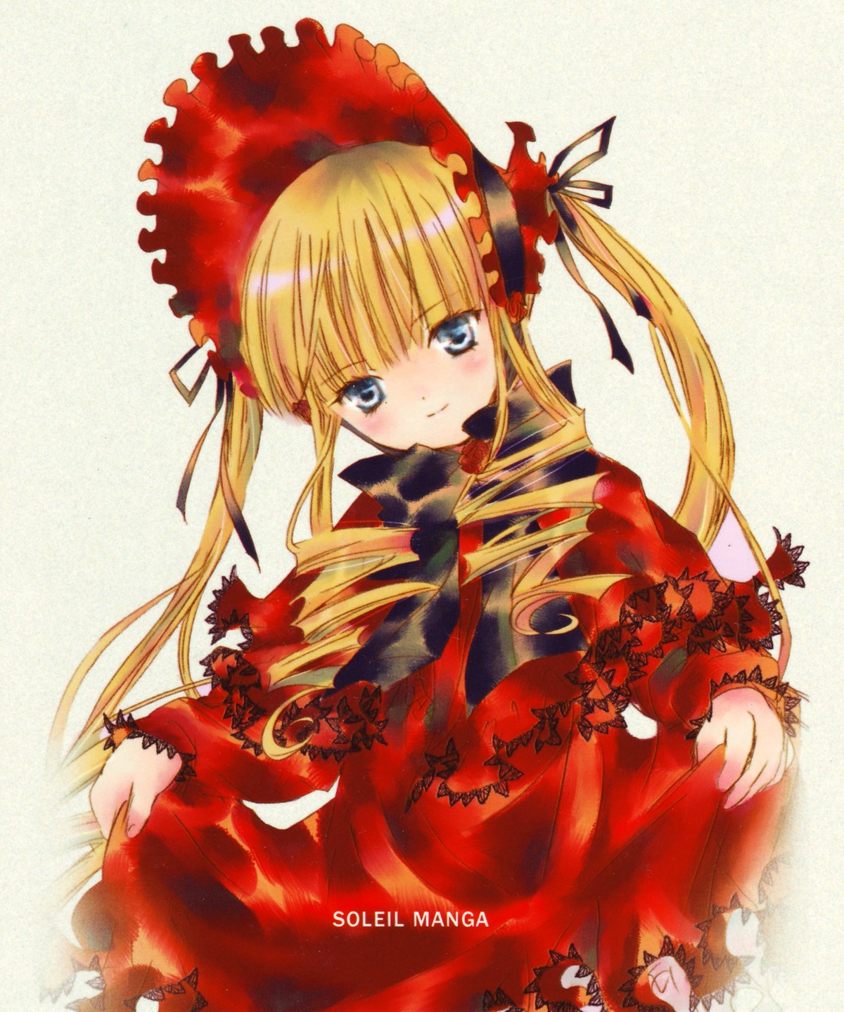 1girl blonde_hair blue_eyes blush bonnet bow bowtie dress drill_hair frills image long_hair long_sleeves looking_at_viewer red_dress shinku simple_background solo twin_drills twintails