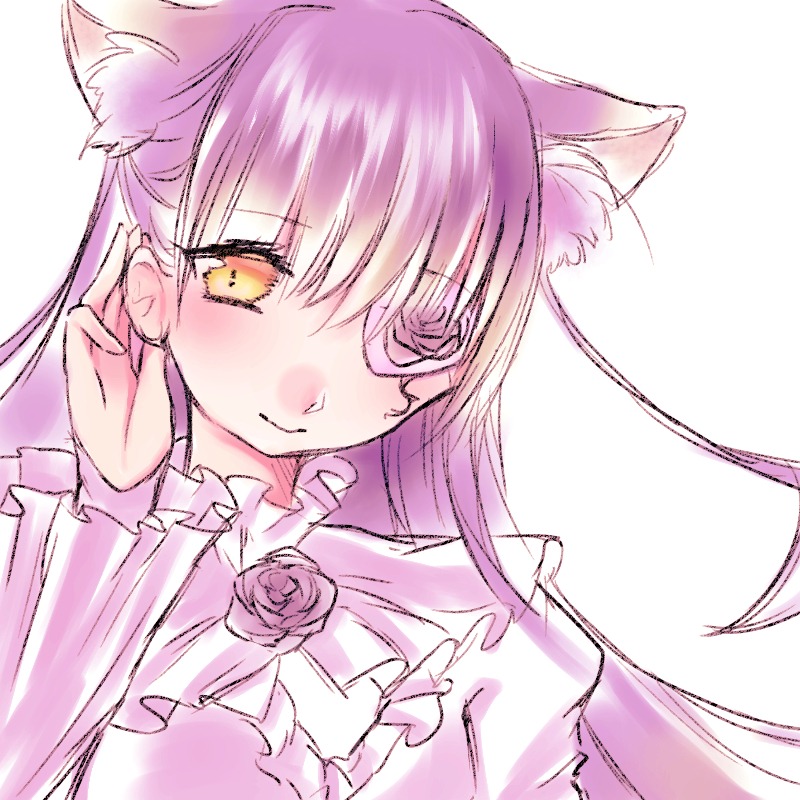 1girl animal_ears bangs barasuishou blush cat_ears flower frills image long_hair long_sleeves pink_flower pink_rose red_flower red_rose rose solo white_background yellow_eyes