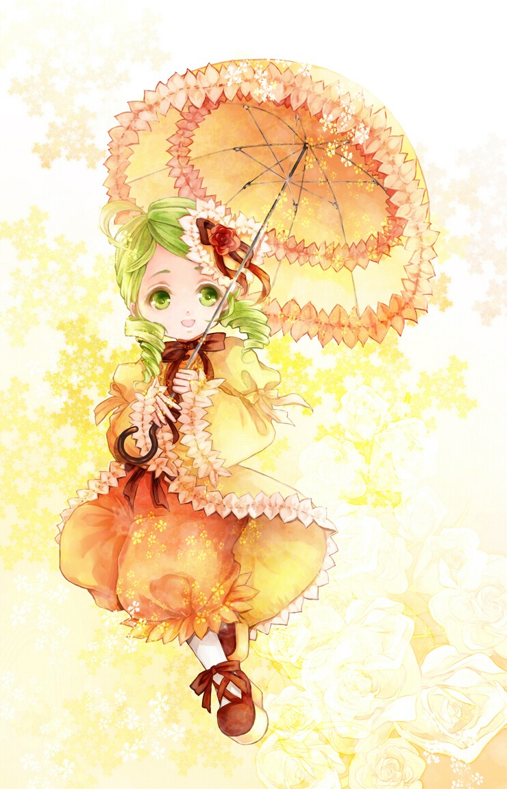 1girl awa_toka bow coat commentary_request dress drill_hair floral_print flower frills full_body green_eyes green_hair hair_ornament heart heart_hair_ornament holding_umbrella image kanaria long_sleeves looking_at_viewer open_mouth orange_dress pants pantyhose parasol red_flower red_rose rose rozen_maiden smile solo umbrella white_flower white_rose wide_sleeves