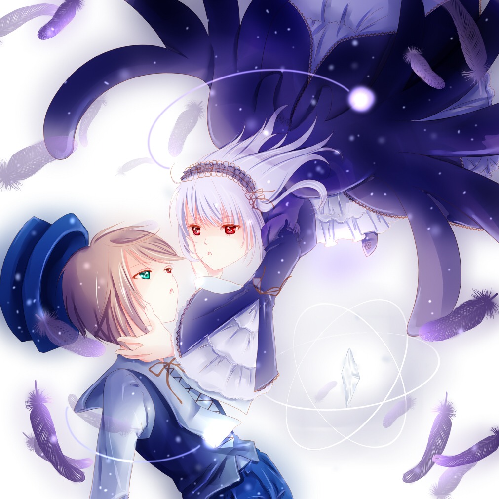 2girls angel_wings bird black_feathers black_wings brown_hair dove dress feathered_wings feathers hat image long_hair long_sleeves lying multiple_girls pair red_eyes ribbon short_hair silver_hair souseiseki suigintou white_feathers white_wings wings