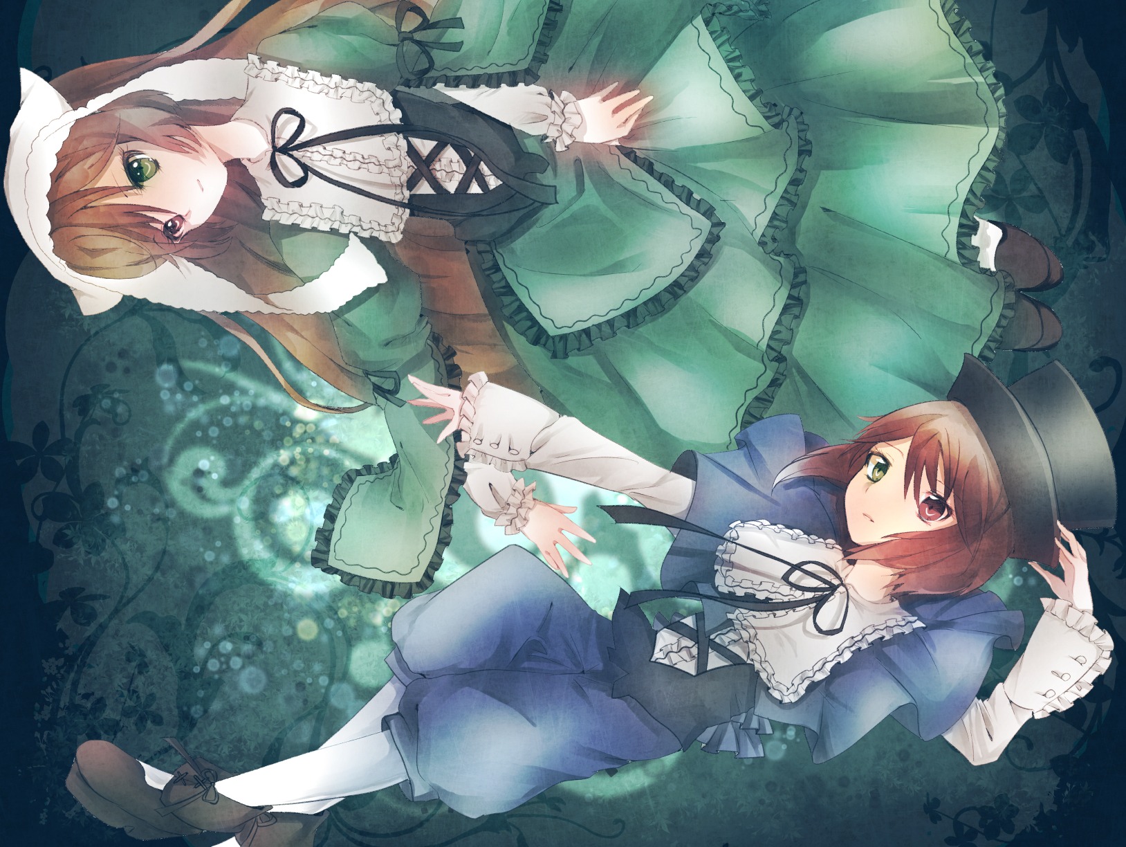 2girls black_ribbon blue_dress brown_hair dress frills green_dress green_eyes hat head_scarf heterochromia image long_hair long_sleeves looking_at_viewer multiple_girls pair red_eyes ribbon rotational_symmetry short_hair siblings sisters souseiseki suiseiseki twins upside-down very_long_hair