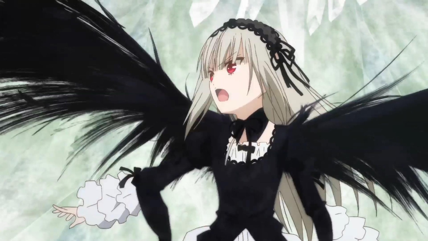 1girl black_dress black_wings detached_collar dress feathered_wings frills hairband image long_hair long_sleeves open_mouth red_eyes silver_hair solo suigintou upper_body very_long_hair wings