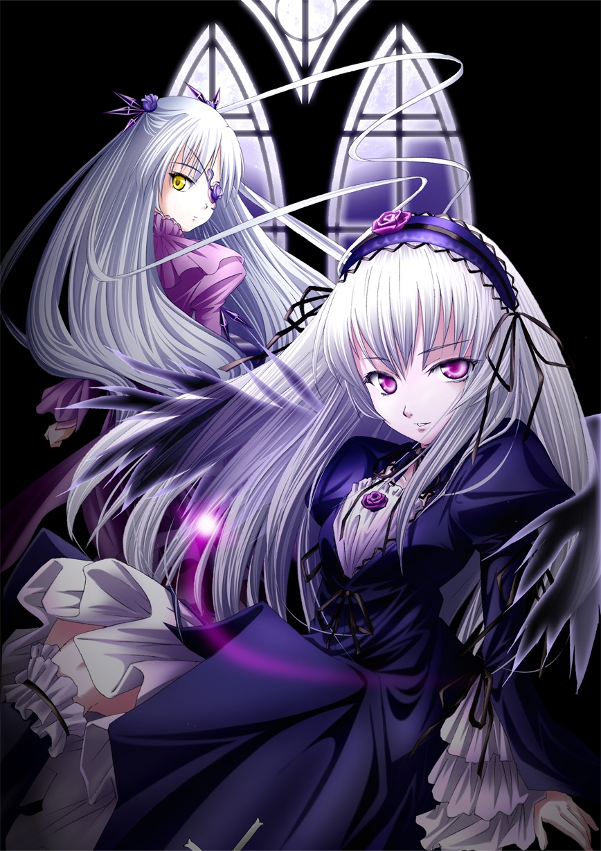 2girls bad_id bad_pixiv_id barasuishou dress dual_persona eyepatch flower frills hairband highres image katorifuta long_hair long_sleeves looking_at_viewer looking_back multiple_girls pair photoshop_(medium) pink_eyes red_eyes rozen_maiden silver_hair suigintou thighhighs wings yellow_eyes