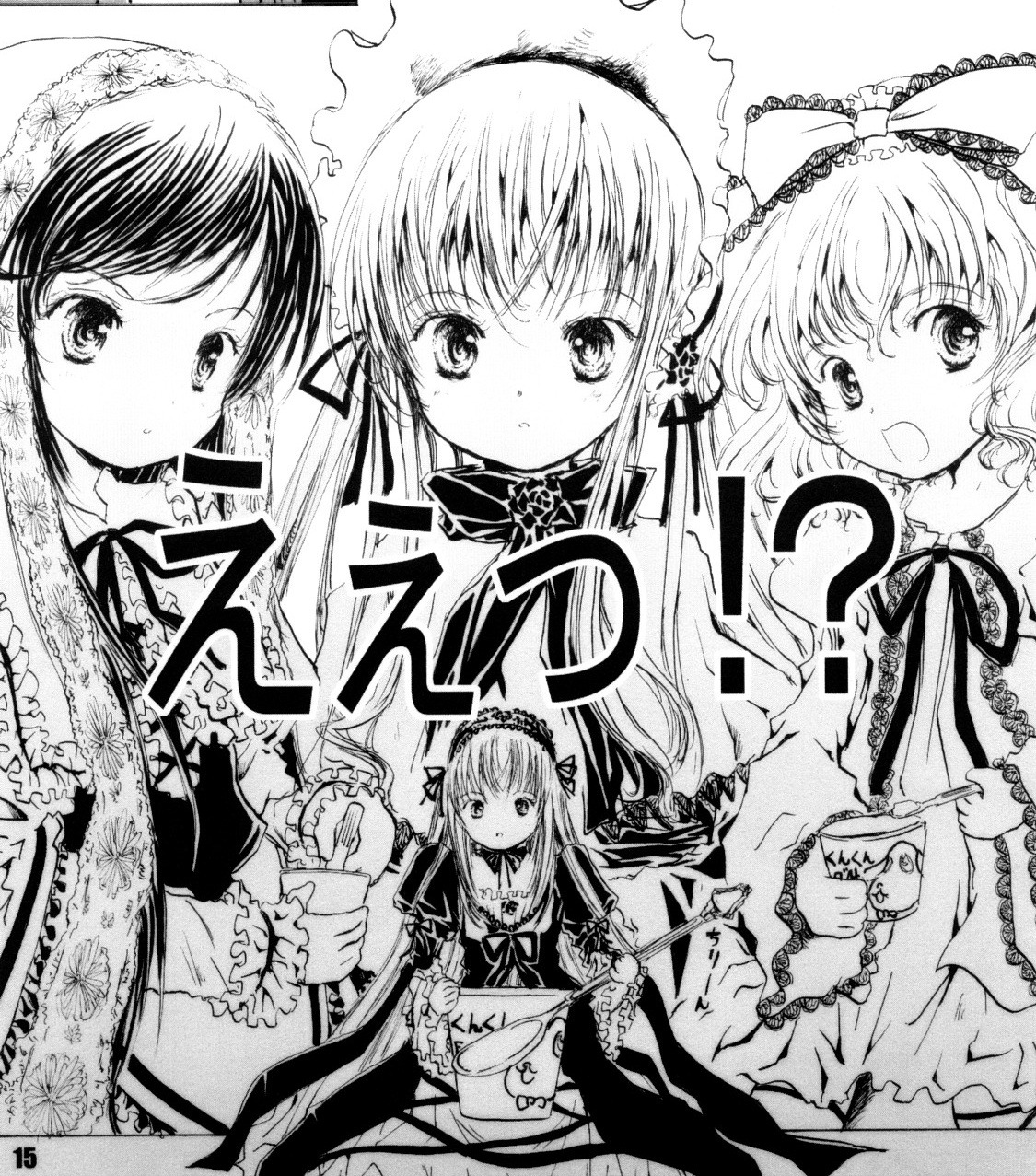 blush bonnet bow dress frills greyscale hairband hina_ichigo image long_hair long_sleeves looking_at_viewer monochrome multiple multiple_girls open_mouth ribbon shinku siblings sisters smile suigintou suiseiseki tagme very_long_hair wings