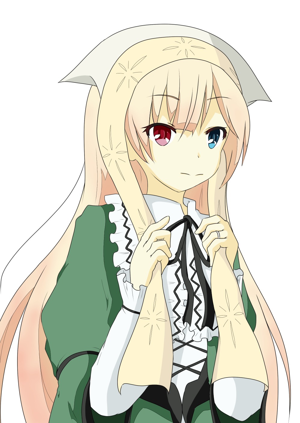 1girl blonde_hair blue_eyes dress green_dress hairband heterochromia image jewelry long_hair long_sleeves looking_at_viewer red_eyes ribbon ring smile solo suiseiseki upper_body very_long_hair white_background