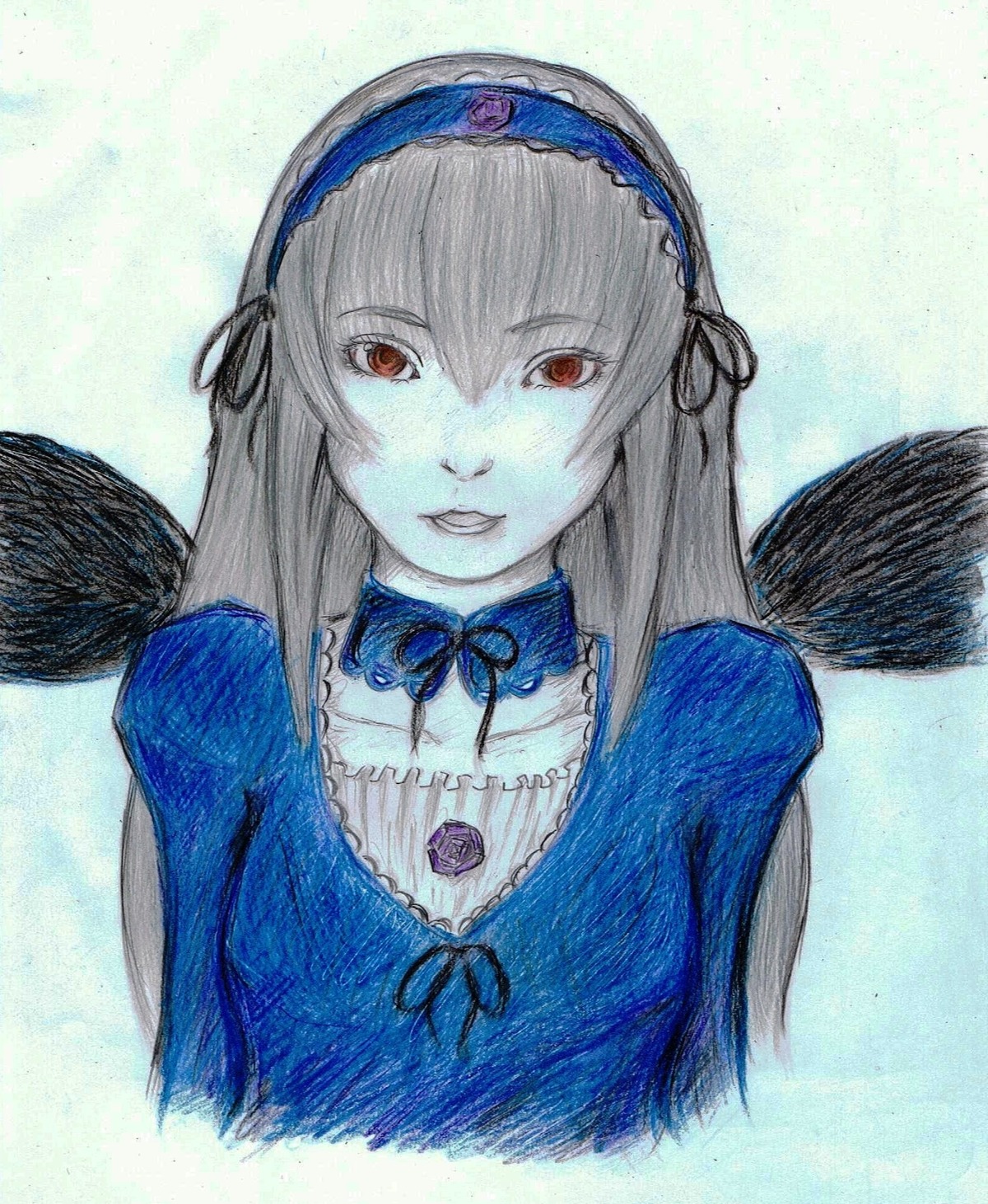 1girl black_wings dress feathers frills hairband image long_hair long_sleeves looking_at_viewer red_eyes ribbon rose solo suigintou traditional_media upper_body wings