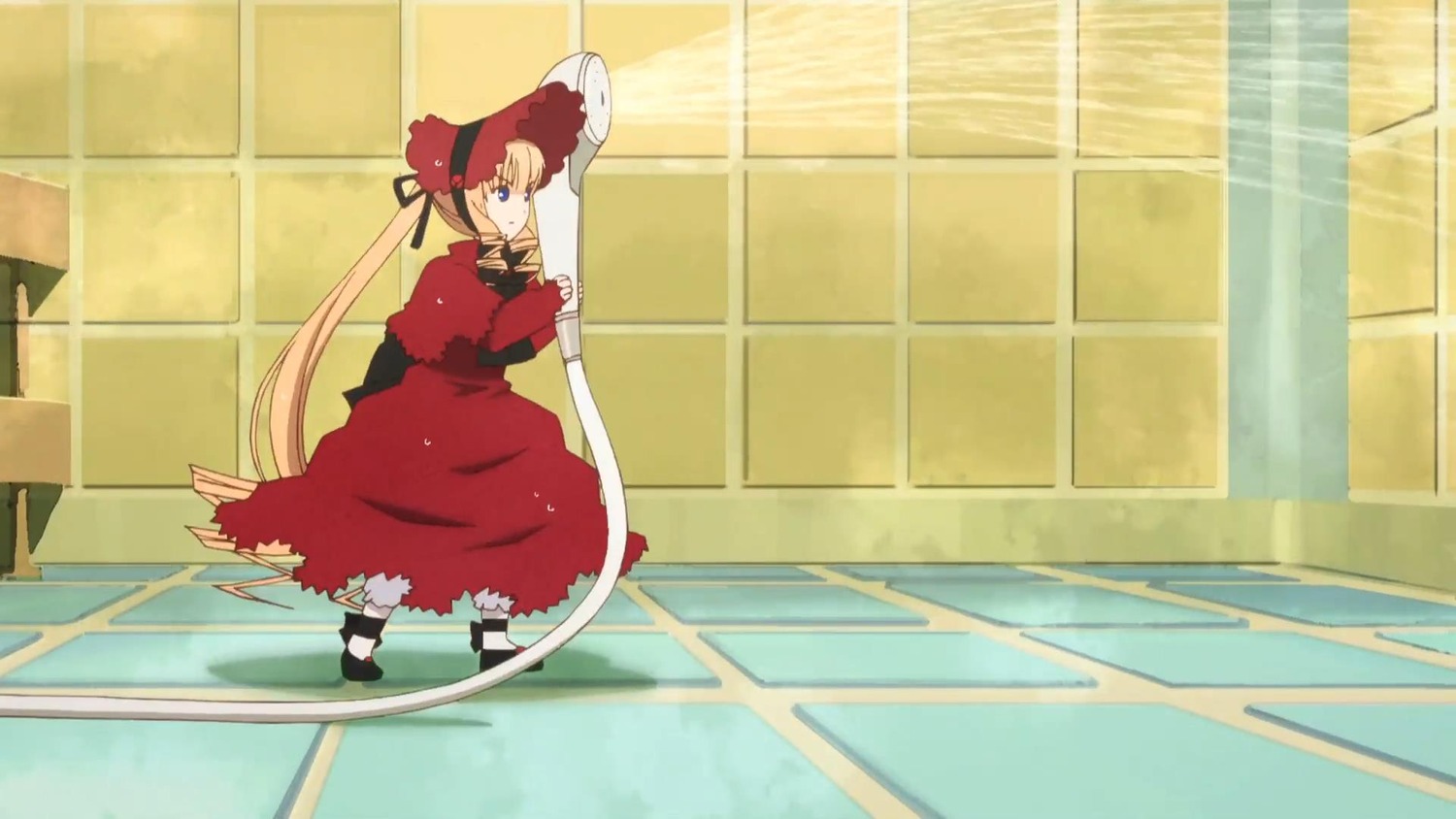 1girl black_footwear blonde_hair blue_eyes bow bowtie dress full_body hat image long_hair long_sleeves red_dress shinku shoes solo standing tile_floor tiles twintails very_long_hair