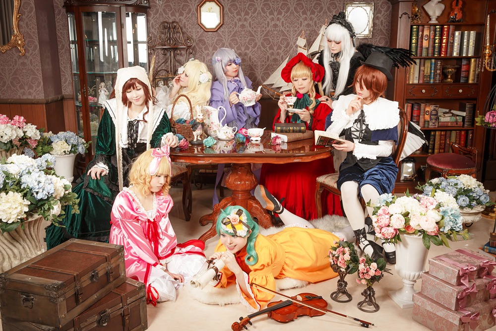 blonde_hair bottle brown_hair closed_eyes flower food indoors long_hair long_sleeves multiple_boys multiple_cosplay multiple_girls sitting table tagme white_hair