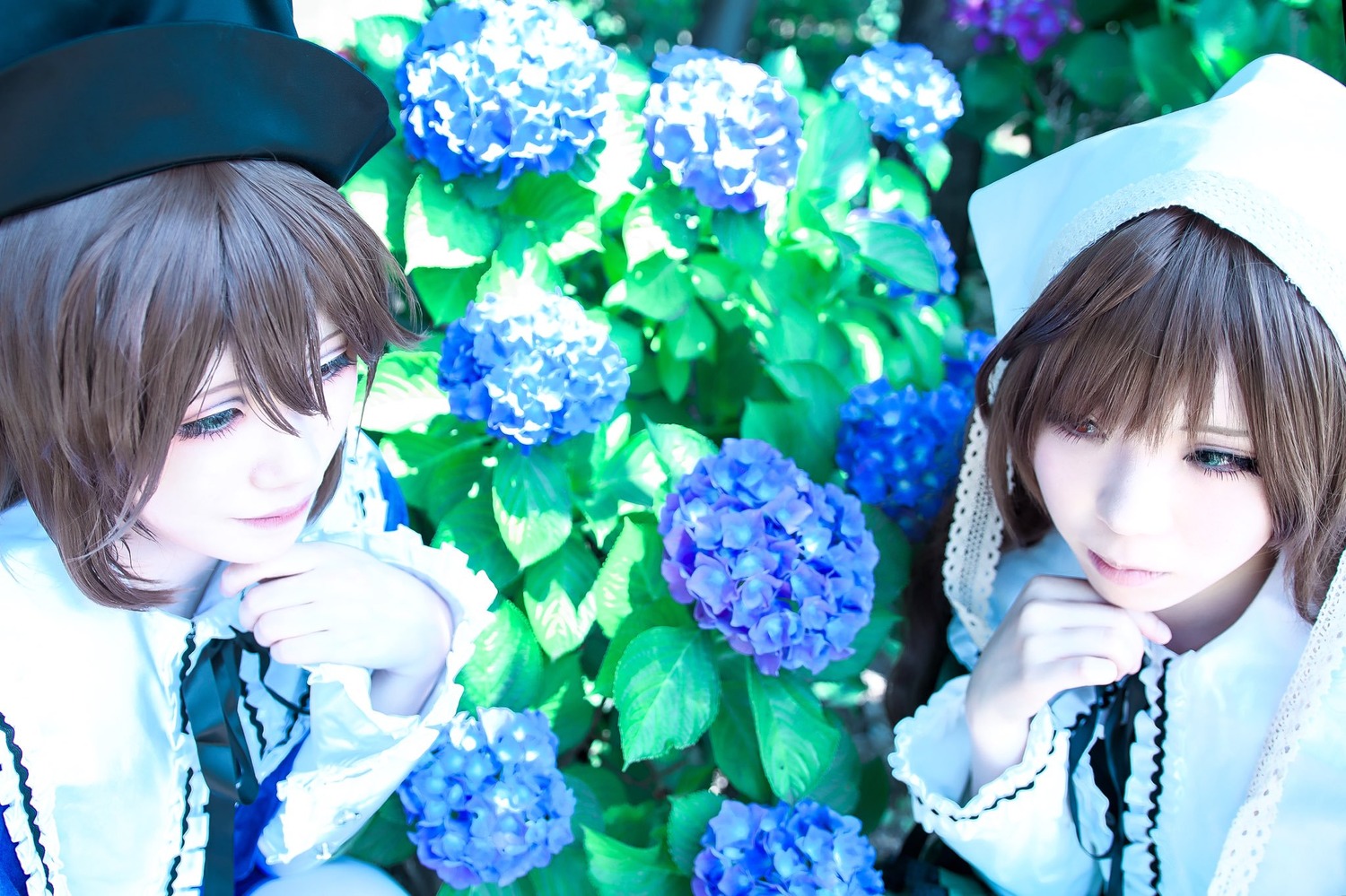 1boy blue_flower brown_hair closed_mouth flower hat hydrangea lips multiple_cosplay portrait tagme wet