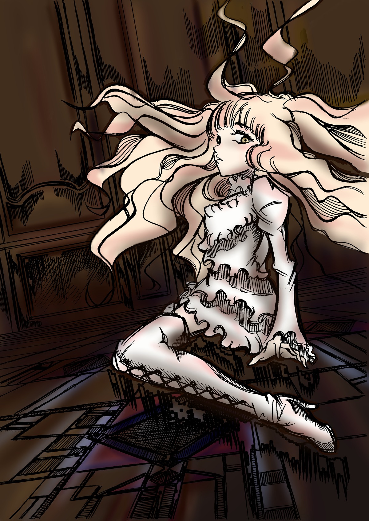 1girl bangs boots cross-laced_footwear dress floating_hair frills high_heel_boots high_heels image kirakishou long_hair monochrome sitting solo thigh_boots thighhighs very_long_hair