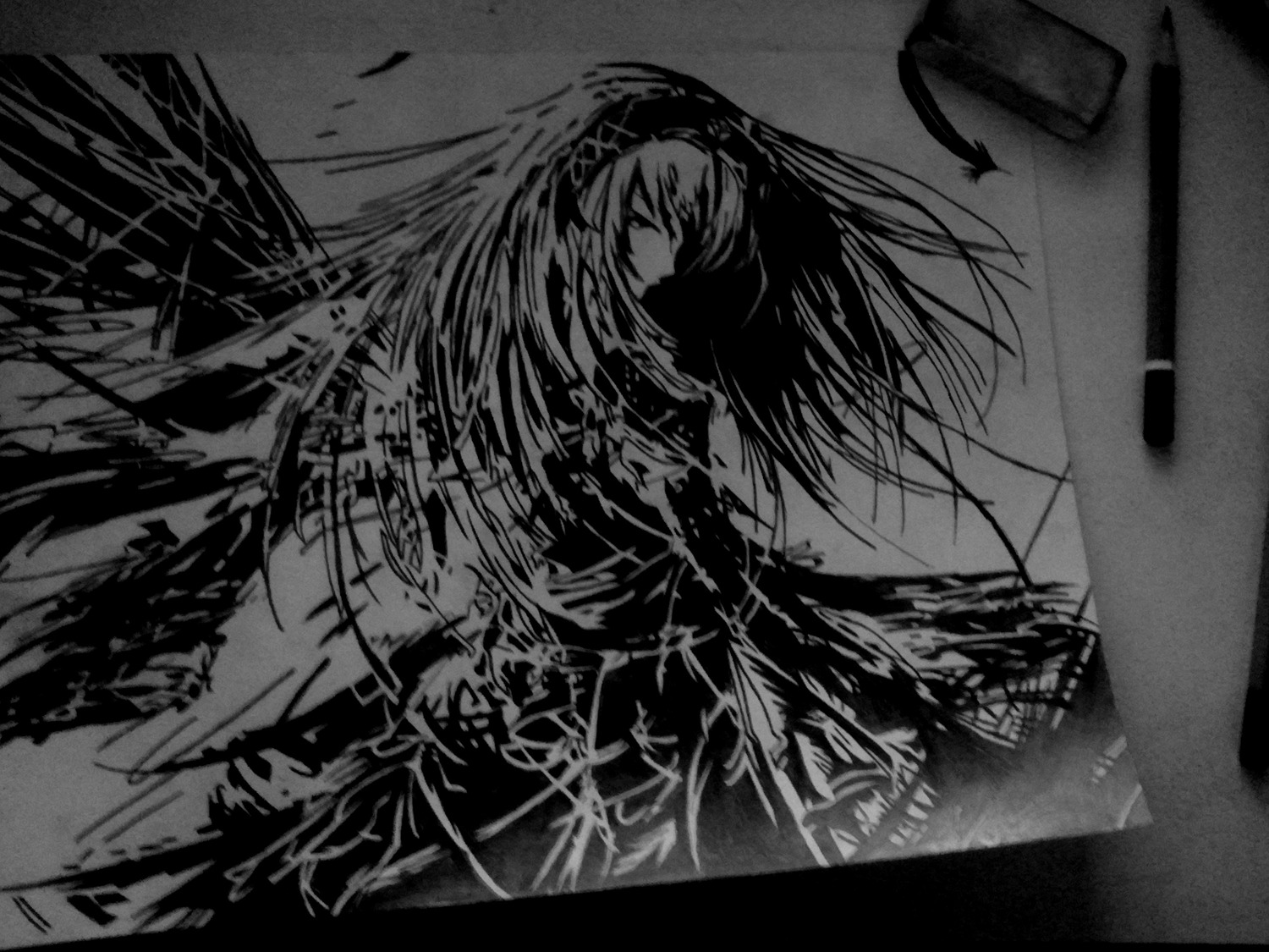 1girl blood dress greyscale hairband image letterboxed long_hair monochrome solo suigintou