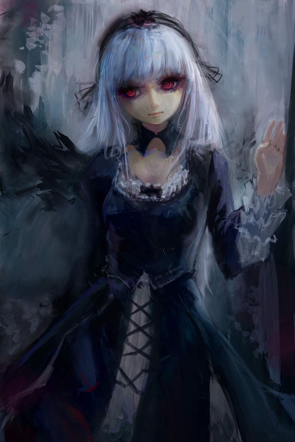 1girl bangs black_dress closed_mouth dress expressionless frilled_sleeves frills hairband image long_hair long_sleeves looking_at_viewer red_eyes silver_hair solo suigintou wings