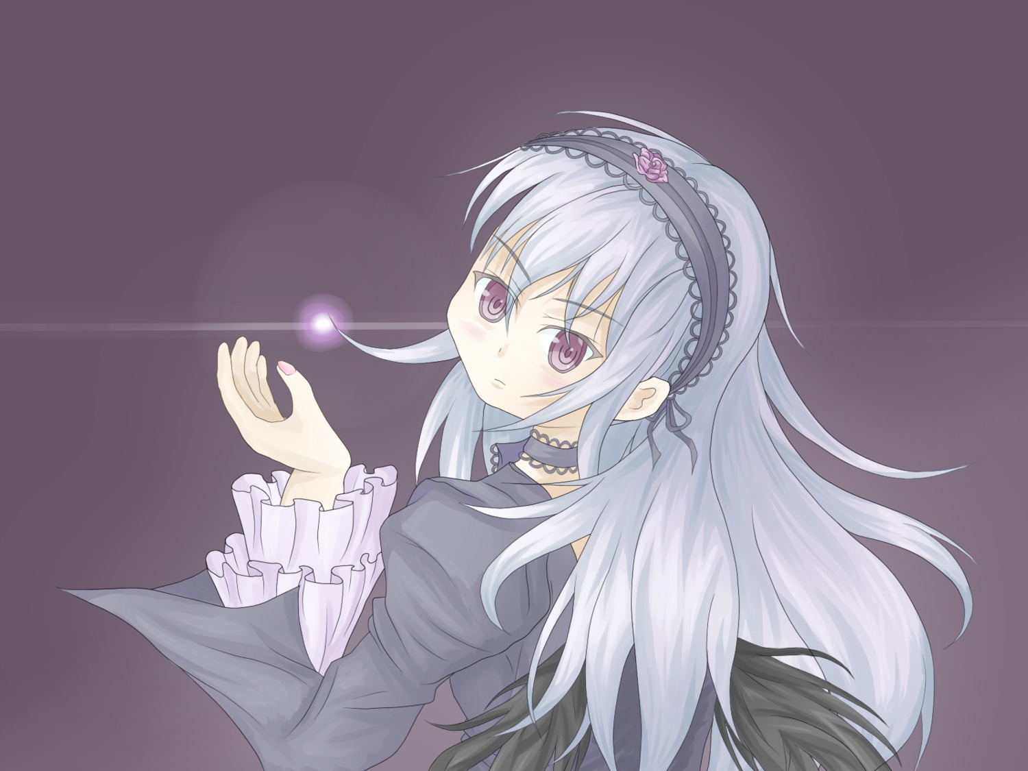 1girl auto_tagged blush choker dress frilled_sleeves frills hairband image juliet_sleeves long_hair long_sleeves looking_at_viewer looking_back silver_hair simple_background solo suigintou upper_body