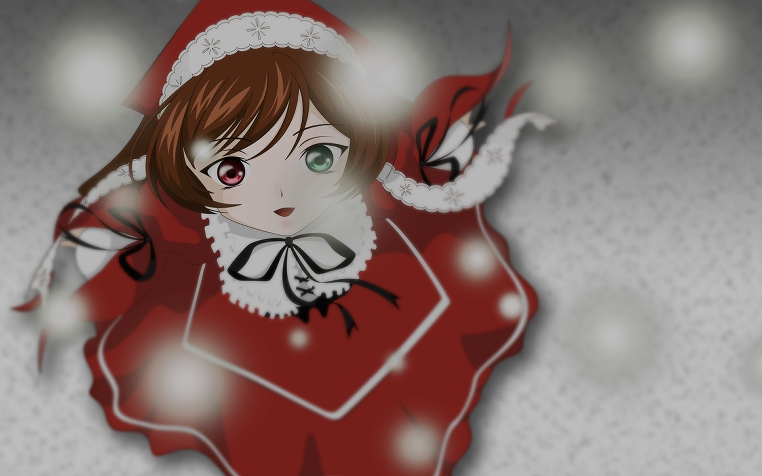 1girl black_ribbon breath brown_hair dress from_above green_eyes hat heterochromia image long_hair looking_at_viewer motion_blur open_mouth red_dress red_eyes ribbon santa_costume santa_hat smile snow snowing solo suiseiseki twintails
