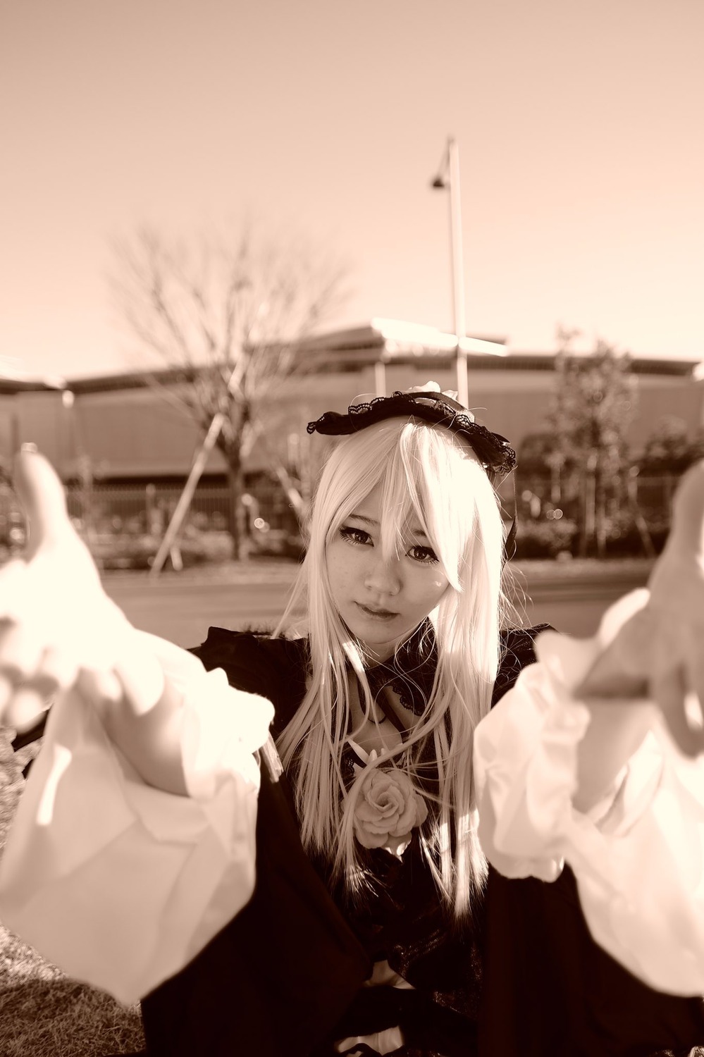 1girl blurry blurry_background blurry_foreground depth_of_field long_hair long_sleeves looking_at_viewer monochrome out_of_frame photo pov pov_hands reaching_out rose smile solo solo_focus suigintou