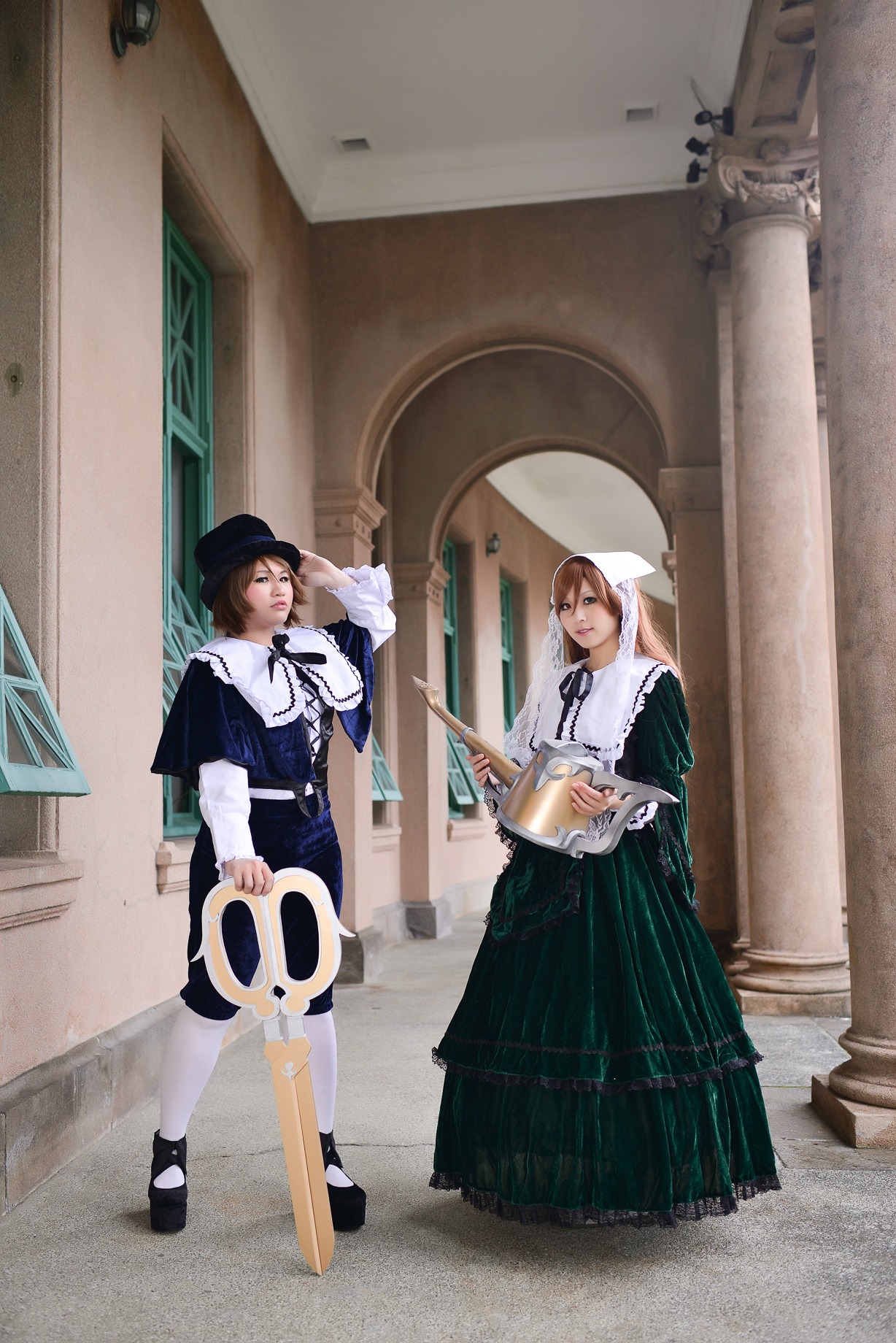 3girls brown_hair closed_eyes dress hat long_sleeves maid multiple_cosplay multiple_girls shoes short_hair smile tagme white_legwear