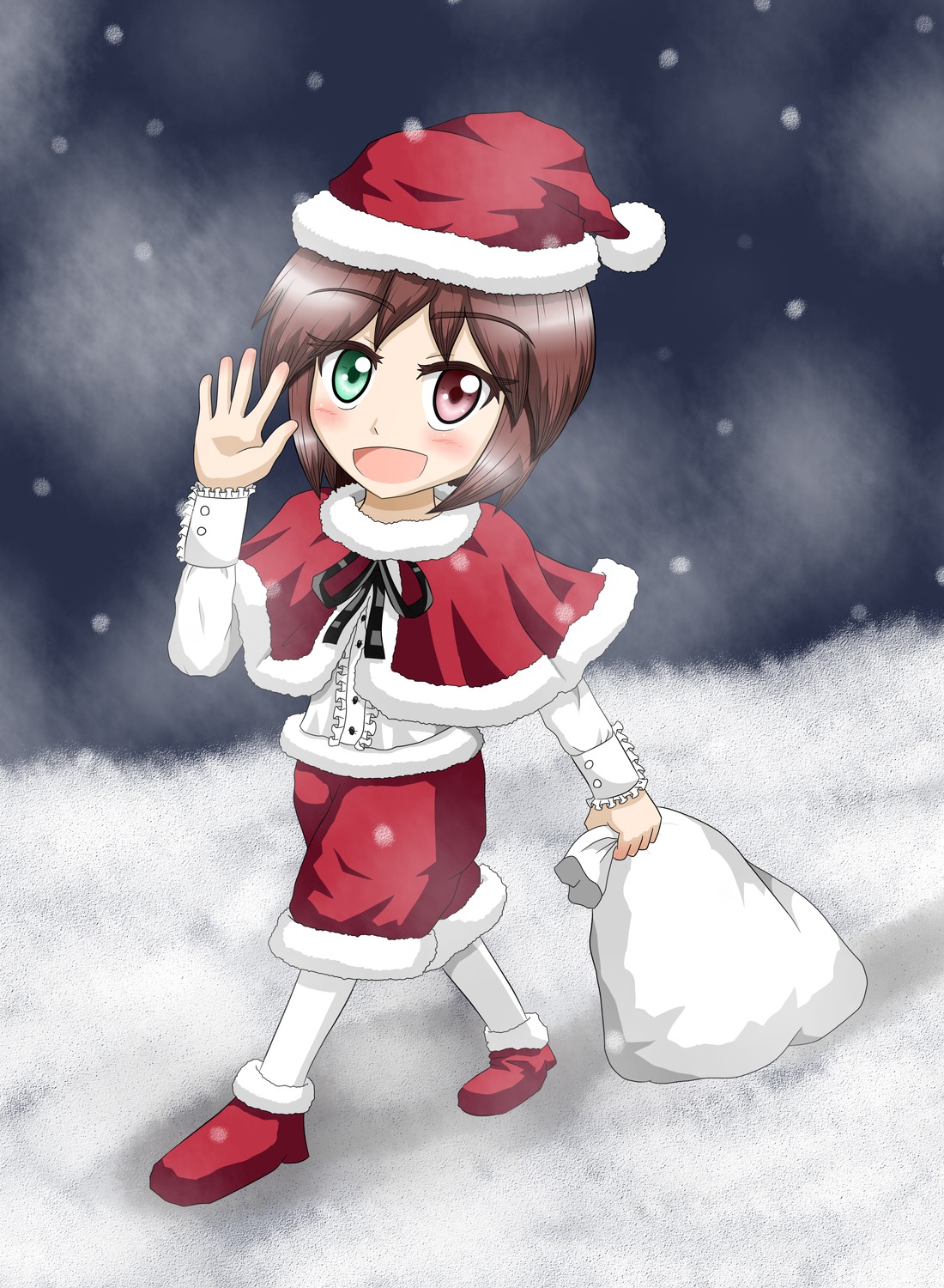 1girl blush brown_hair capelet christmas green_eyes hat heterochromia image open_mouth pantyhose sack santa_costume santa_hat short_hair smile snow solo souseiseki white_legwear