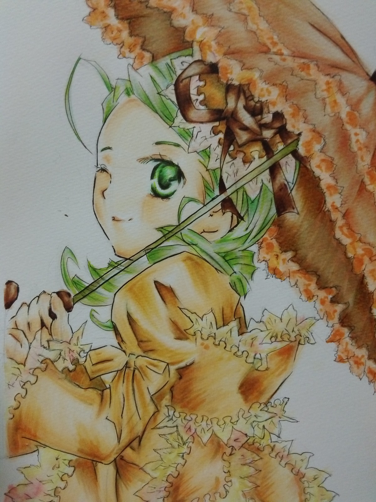 1girl autumn_leaves flower frills green_eyes green_hair hat image kanaria leaf looking_at_viewer one_eye_closed photo short_hair smile solo sunflower traditional_media