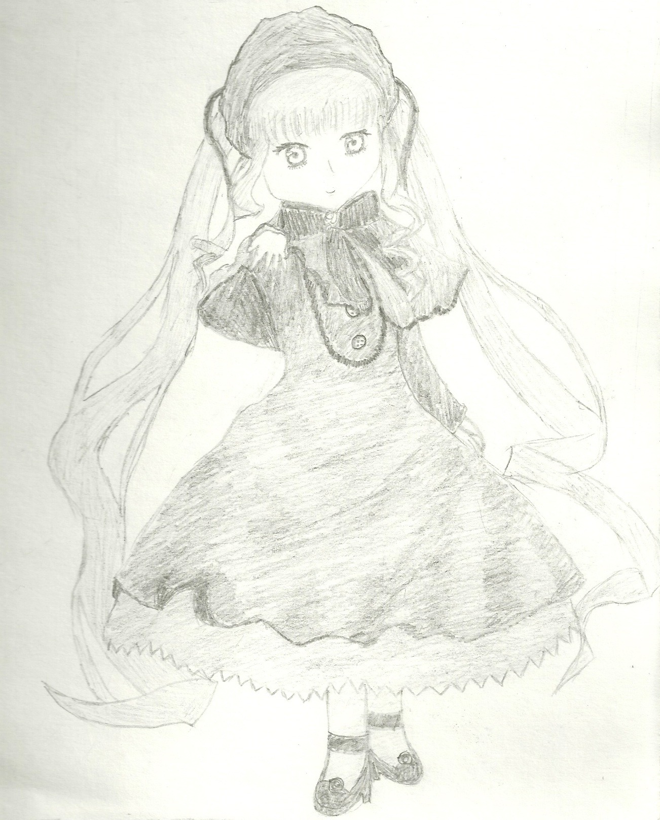 1girl bangs bow bowtie dress full_body image long_hair long_sleeves looking_at_viewer monochrome shinku smile solo standing very_long_hair