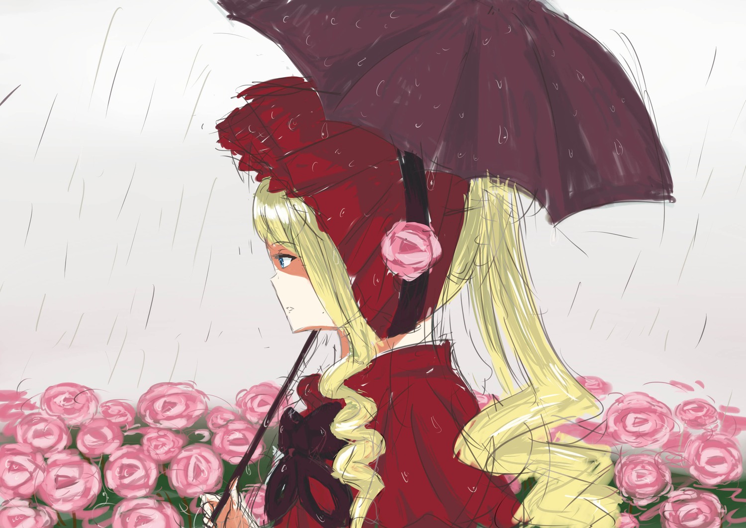 1girl blonde_hair blue_eyes bow dress flower holding holding_umbrella image long_hair pink_flower pink_rose profile rain red_flower red_rose red_umbrella rose shared_umbrella shinku solo umbrella