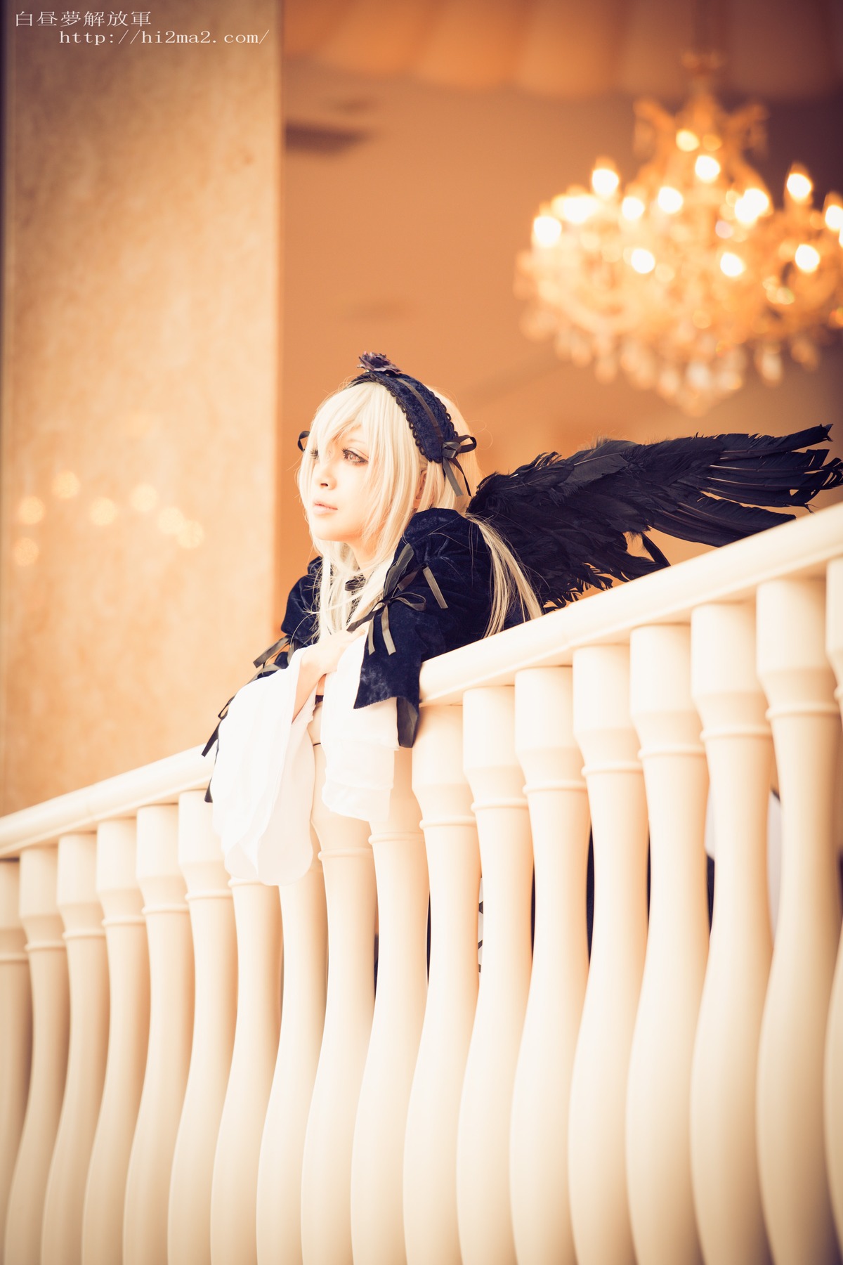 1girl angel angel_wings bird black_wings blurry depth_of_field dress feathered_wings feathers gloves lips long_hair ribbon solo suigintou white_hair wings