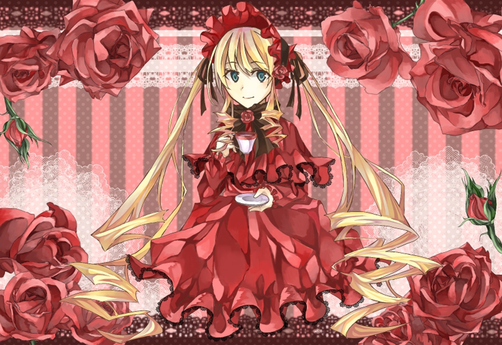1girl blonde_hair blue_eyes bonnet bow cup dress flower image long_hair pink_background pink_flower pink_rose purple_rose red_dress red_flower red_rose red_theme rose rose_petals shinku smile solo teacup thorns twintails very_long_hair