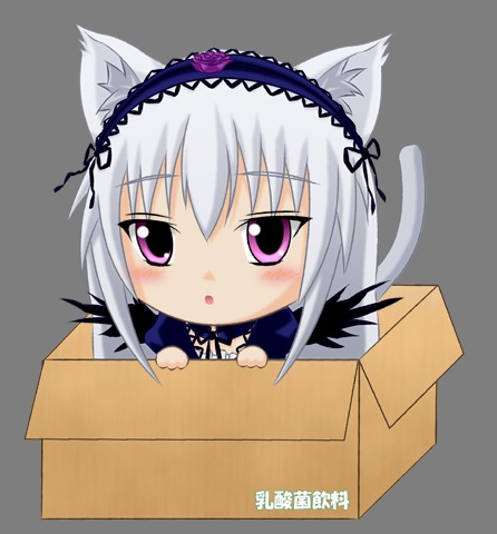 1girl animal_ears black_wings blush box cardboard_box cat_ears cat_tail chibi fake_animal_ears hairband image in_box in_container looking_at_viewer ribbon silver_hair solo suigintou suitcase tail transparent_background