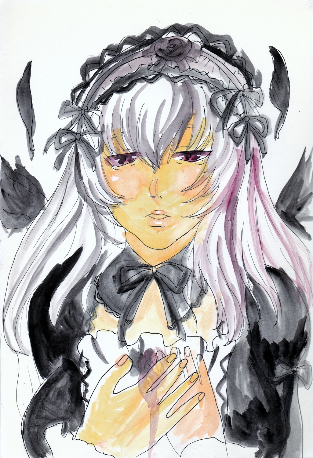 1girl bird black_feathers black_ribbon black_wings feathered_wings feathers flower hairband image lips lolita_hairband long_hair long_sleeves looking_at_viewer ribbon rose solo suigintou traditional_media upper_body wings