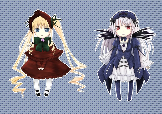 2girls blonde_hair blue_eyes bow dress drill_hair flower frills halftone halftone_background image long_hair long_sleeves looking_at_viewer multiple_girls pair polka_dot polka_dot_background red_eyes shinku silver_hair standing suigintou twintails very_long_hair wings