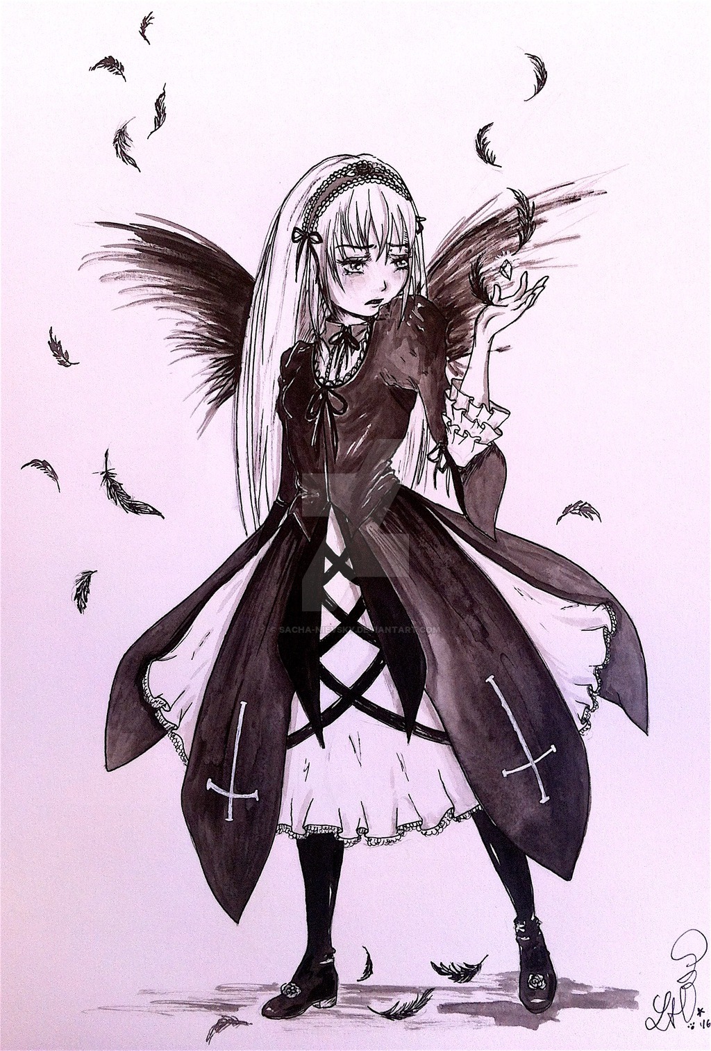 1girl bird bird_on_hand black_feathers crow dove dress feathers full_body hairband image long_hair long_sleeves monochrome solo standing suigintou
