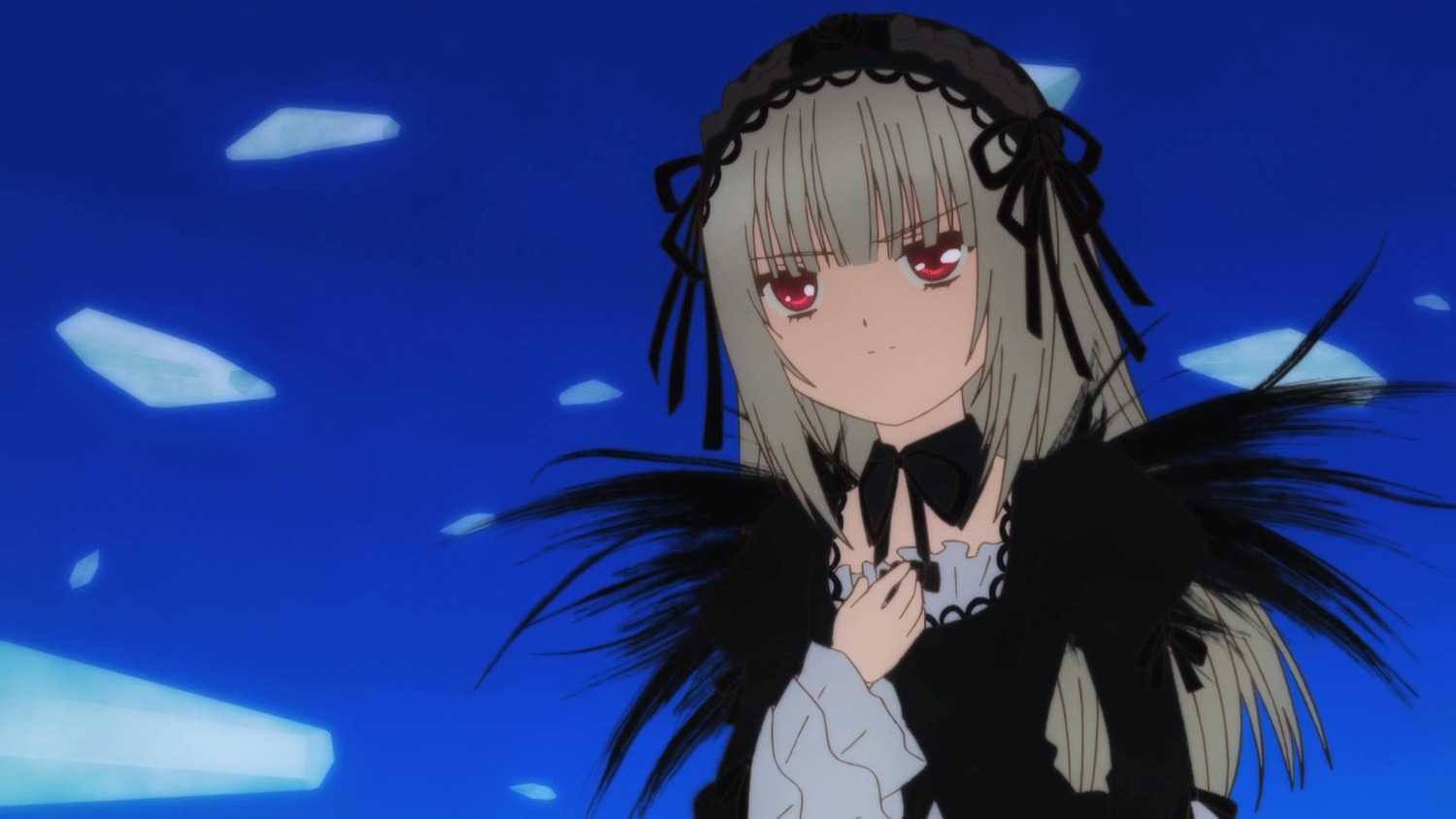 1girl bangs black_dress black_ribbon black_wings closed_mouth dress feathered_wings feathers flower frills hairband image long_hair long_sleeves looking_at_viewer red_eyes ribbon rose silver_hair sky solo suigintou upper_body wings