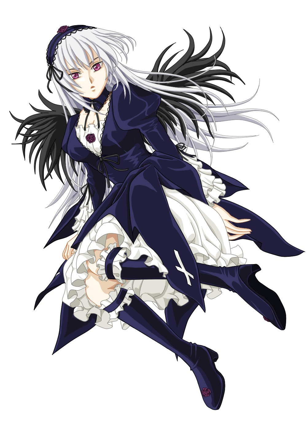 1girl black_wings boots dress frills full_body hairband high_heel_boots image juliet_sleeves knee_boots long_hair long_sleeves looking_at_viewer pink_eyes puffy_sleeves red_eyes rose silver_hair solo suigintou white_hair wings