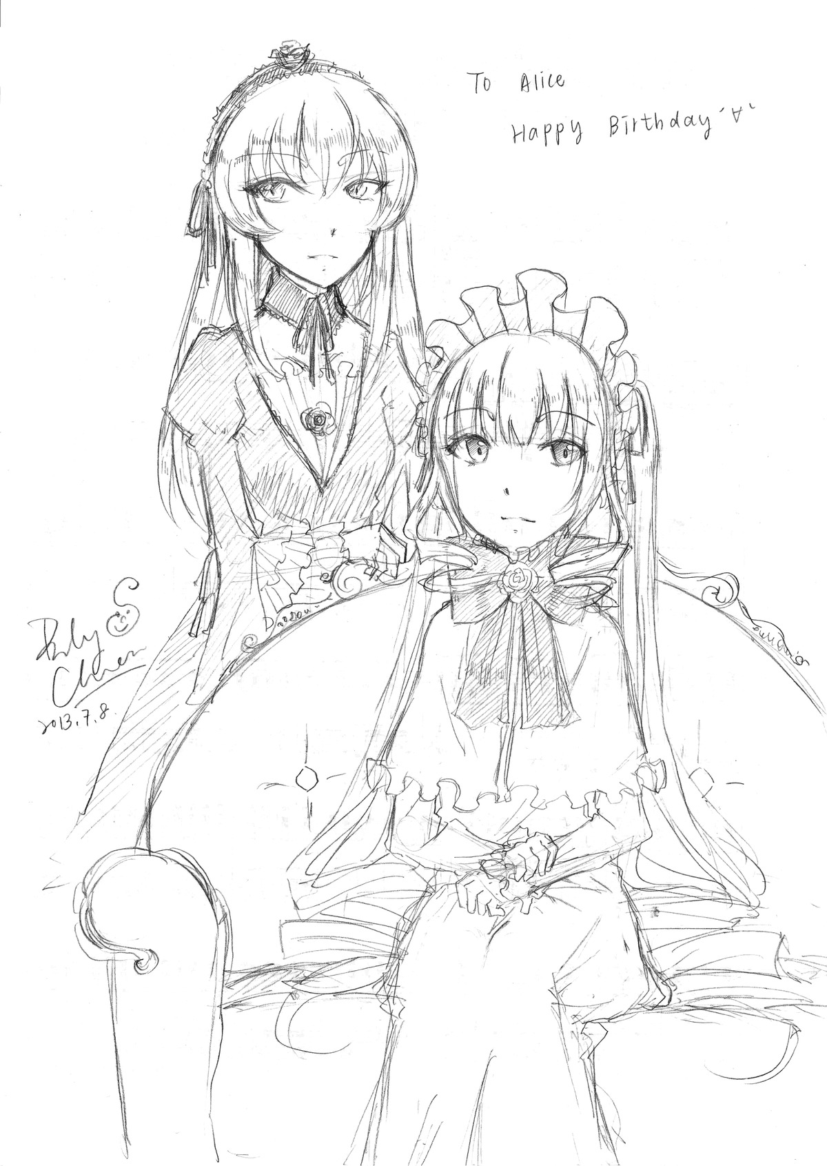 2girls bangs breasts closed_mouth cup dress eyebrows_visible_through_hair flower greyscale image long_hair long_sleeves looking_at_viewer monochrome multiple_girls pair ribbon shinku sitting smile suigintou very_long_hair