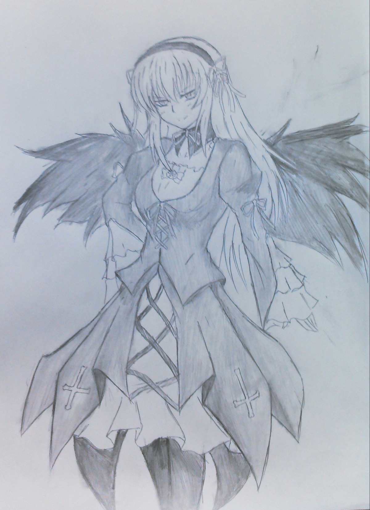 1girl dress feathered_wings graphite_(medium) greyscale hairband image long_hair long_sleeves looking_at_viewer monochrome simple_background solo standing suigintou thighhighs traditional_media wings