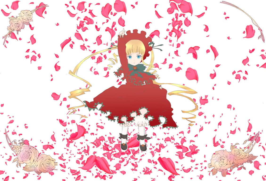 1girl blonde_hair blue_eyes bonnet dress drill_hair flower image petals red_dress red_flower red_rose rose rose_petals shinku solo twintails