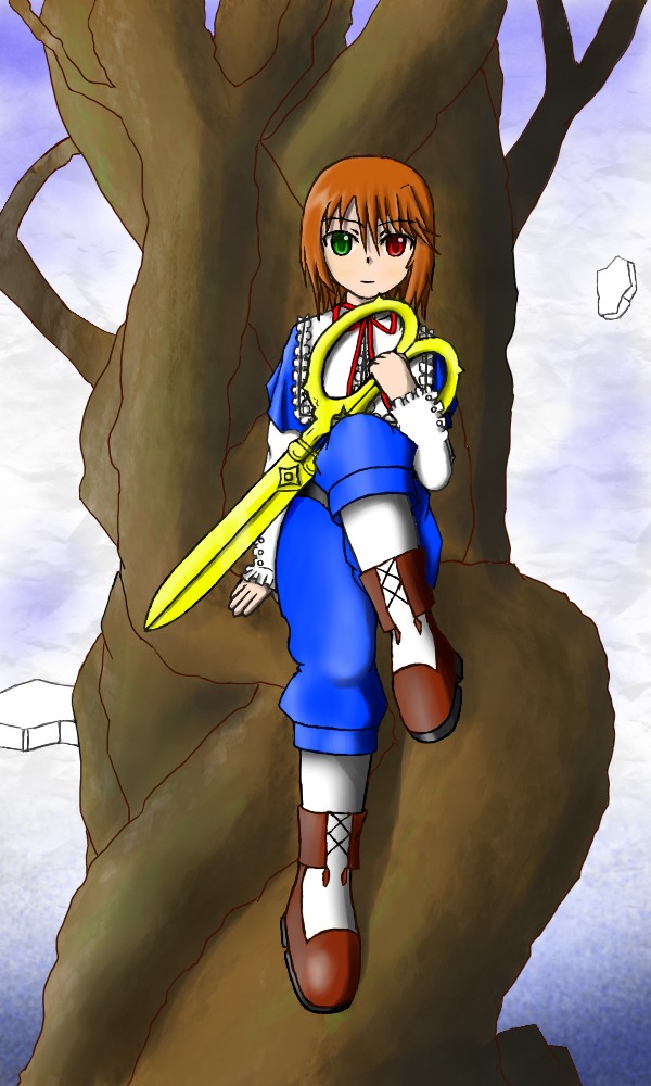 1girl boots full_body green_eyes heterochromia image long_sleeves pants red_eyes solo souseiseki tree weapon