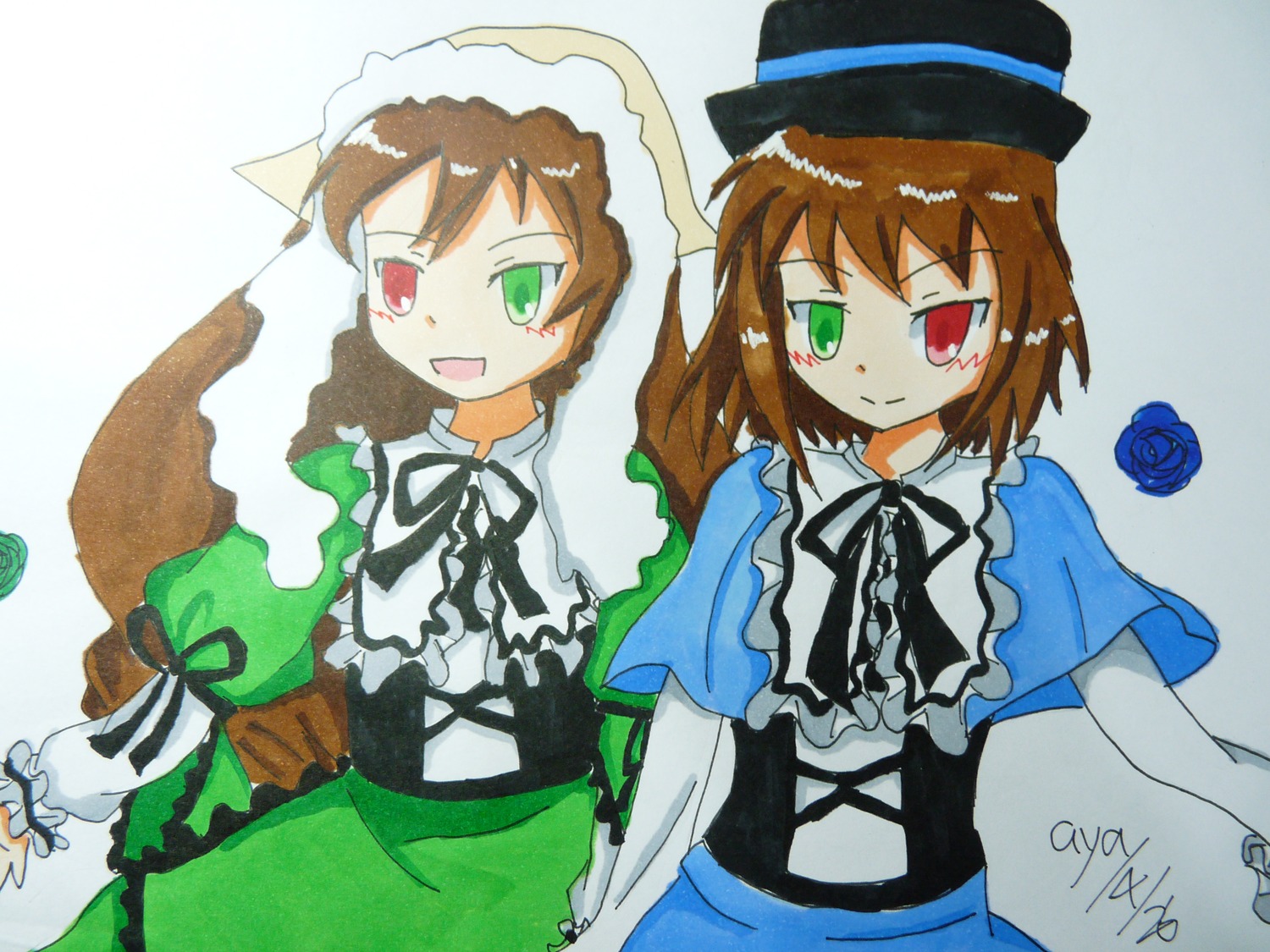 2girls :d blue_dress brown_hair dress frills green_dress green_eyes hat heterochromia image long_hair long_sleeves looking_at_viewer multiple_girls open_mouth pair red_eyes ribbon short_hair siblings sisters smile souseiseki suiseiseki top_hat twins