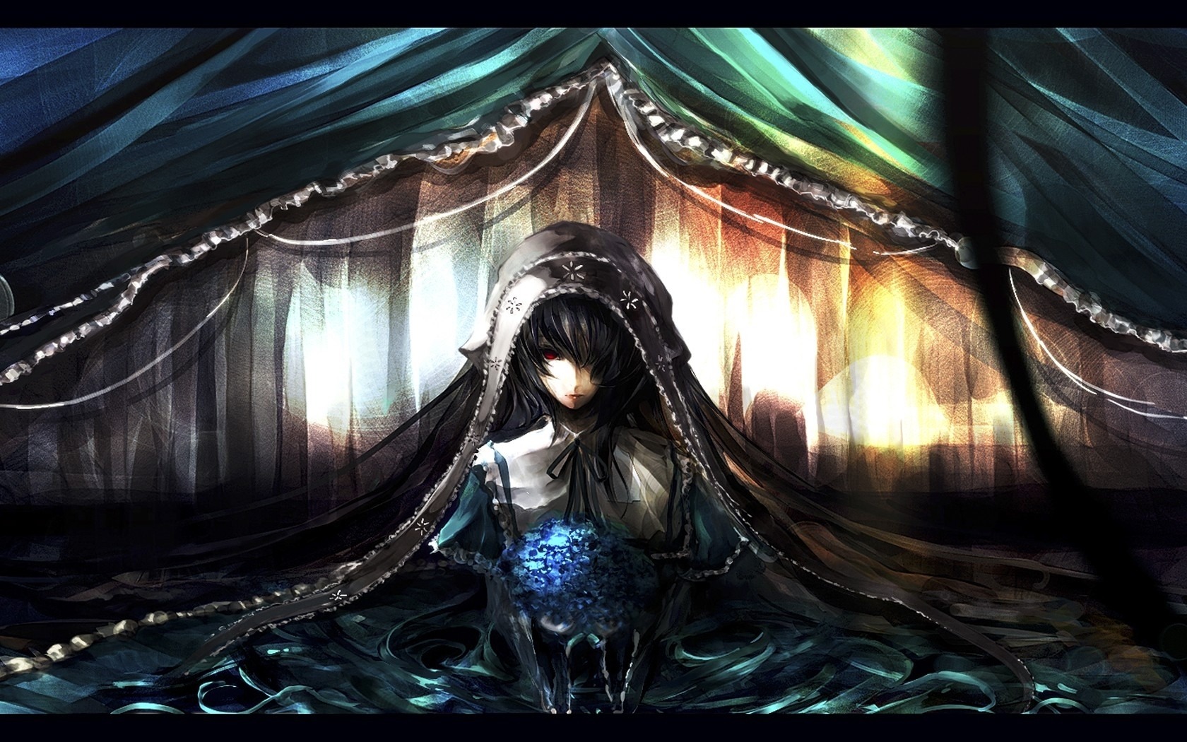 1girl black_hair curtains dress frills hairband image letterboxed lolita_fashion long_hair looking_at_viewer red_eyes rose solo suigintou very_long_hair