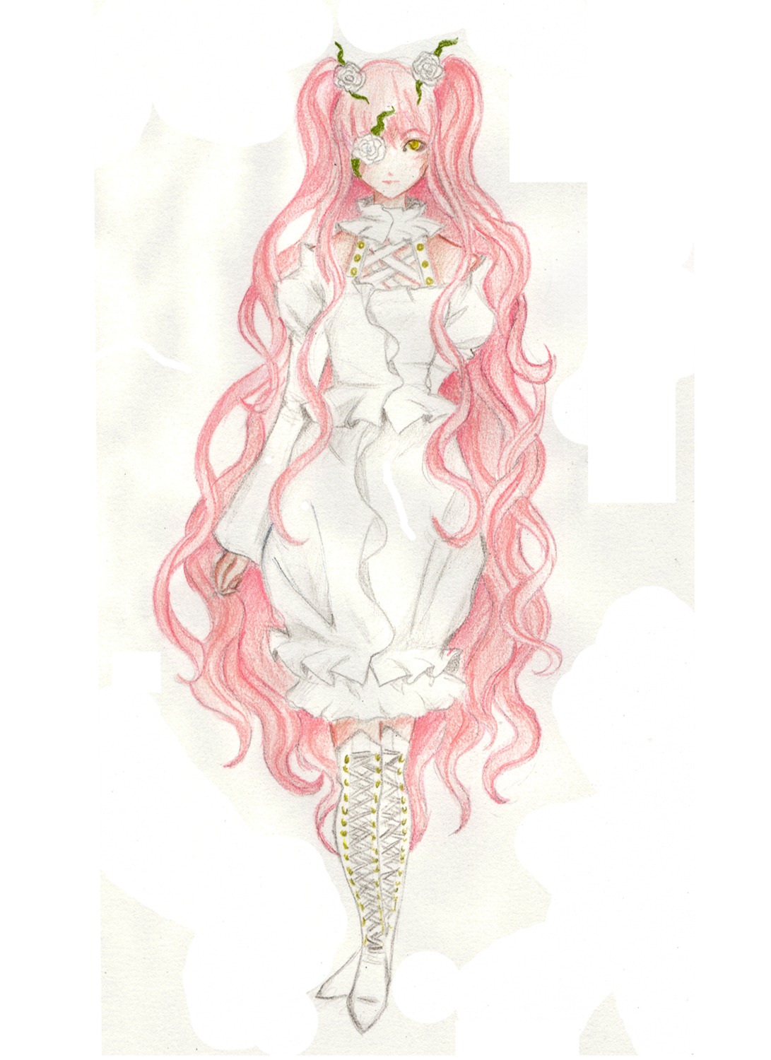 1girl boots dress flower frills full_body hair_flower hair_ornament image kirakishou long_hair pink_hair solo twintails very_long_hair wavy_hair white_footwear yellow_eyes