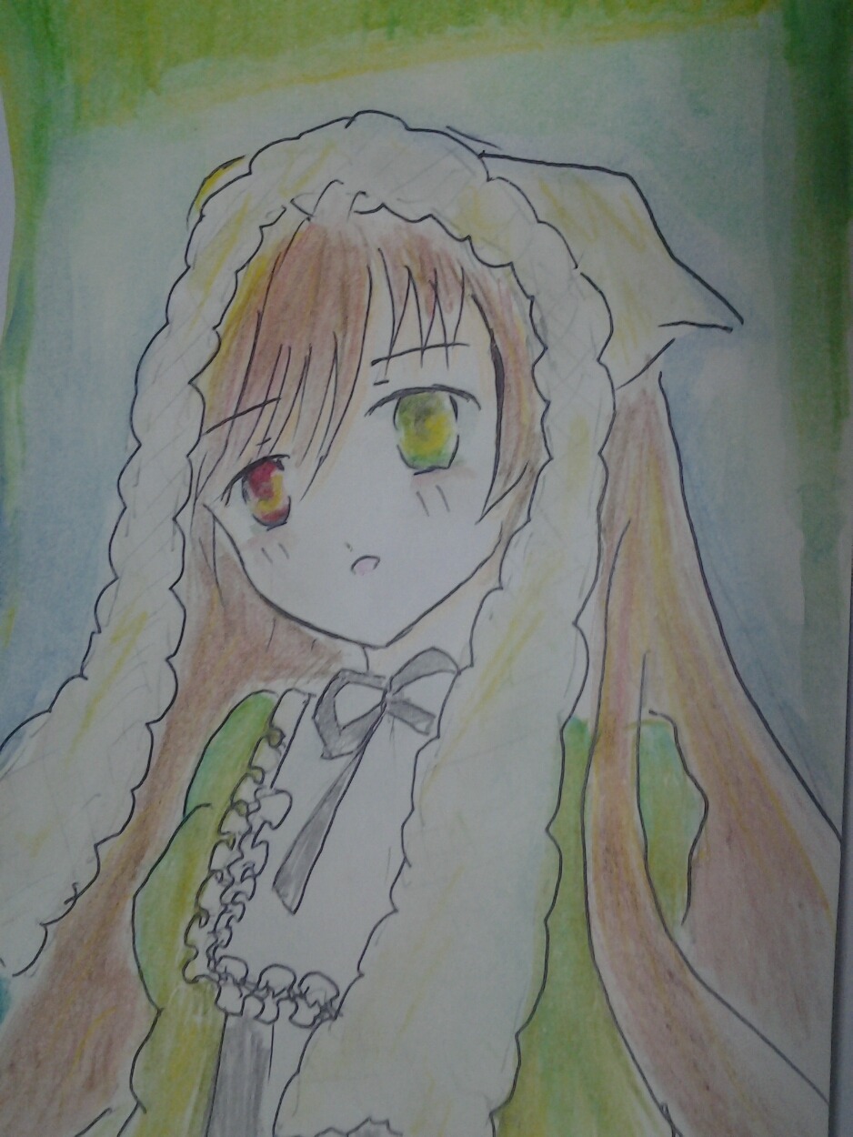 1girl auto_tagged bangs braid dress frills green_dress heterochromia image long_hair long_sleeves photo solo suiseiseki traditional_media twin_braids upper_body watercolor_(medium)