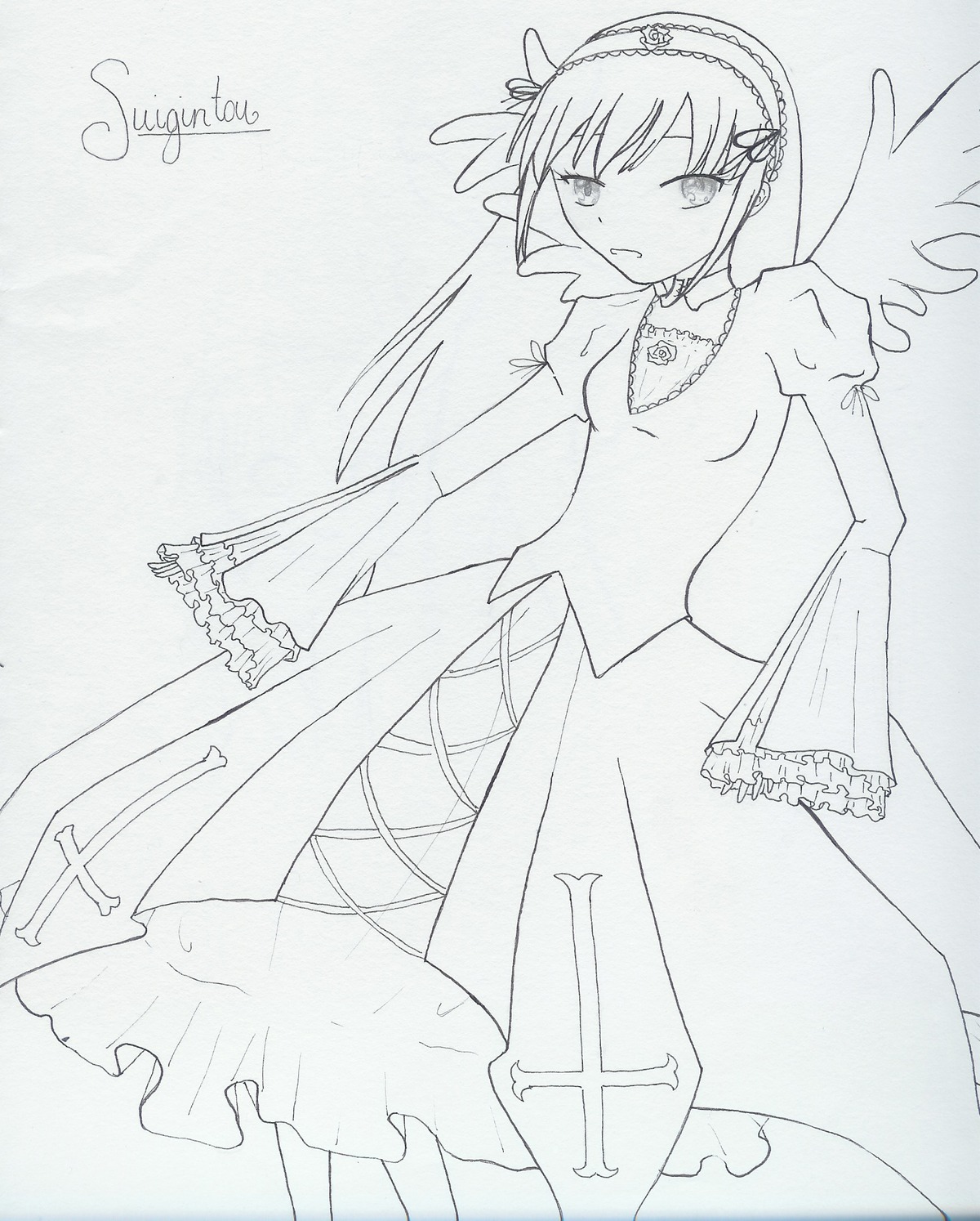 1girl dress feathered_wings frills greyscale image long_hair long_sleeves looking_at_viewer monochrome simple_background solo standing suigintou wings