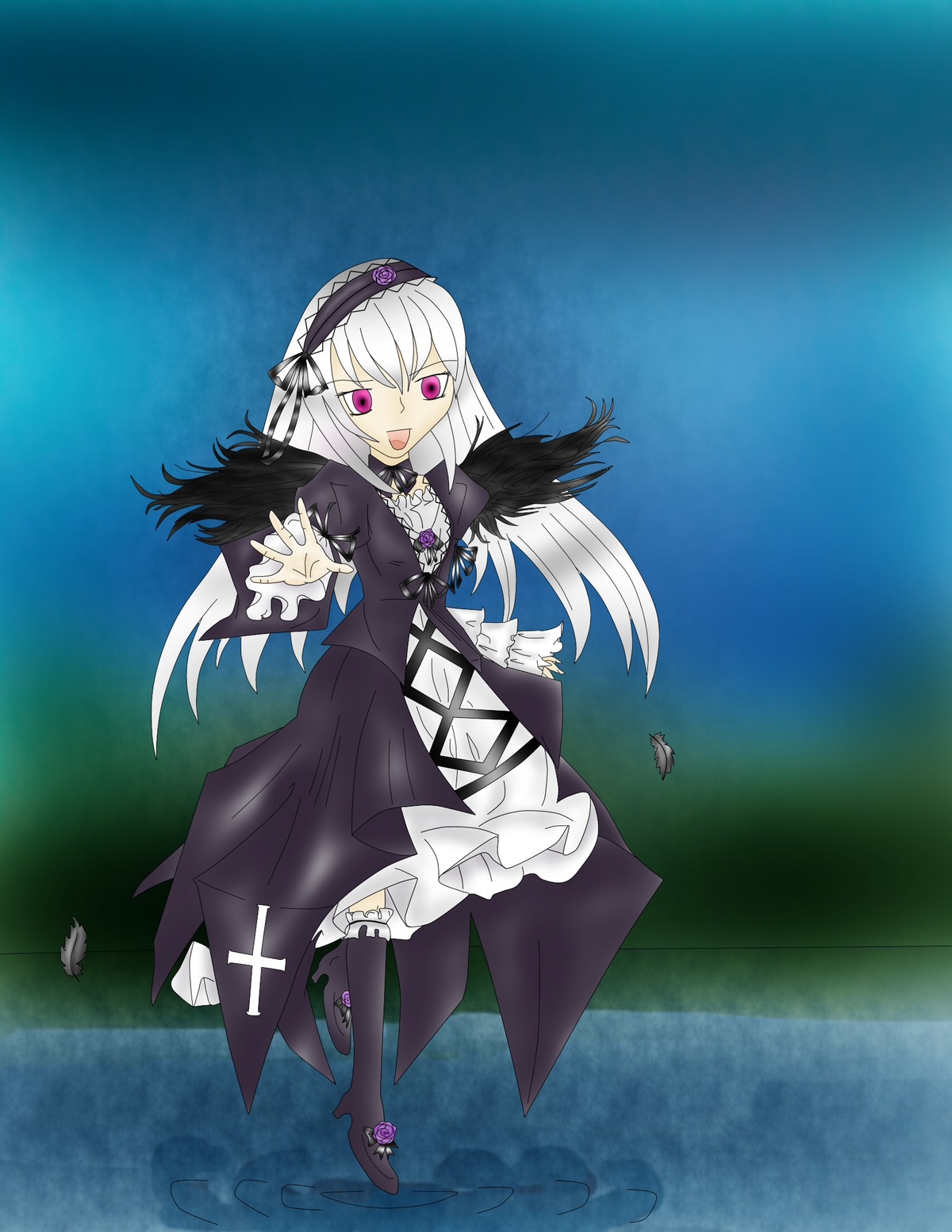 1girl dress feathers frilled_sleeves frills hairband image lolita_hairband long_hair long_sleeves looking_at_viewer open_mouth pink_eyes ribbon silver_hair smile solo standing_on_liquid suigintou water wings
