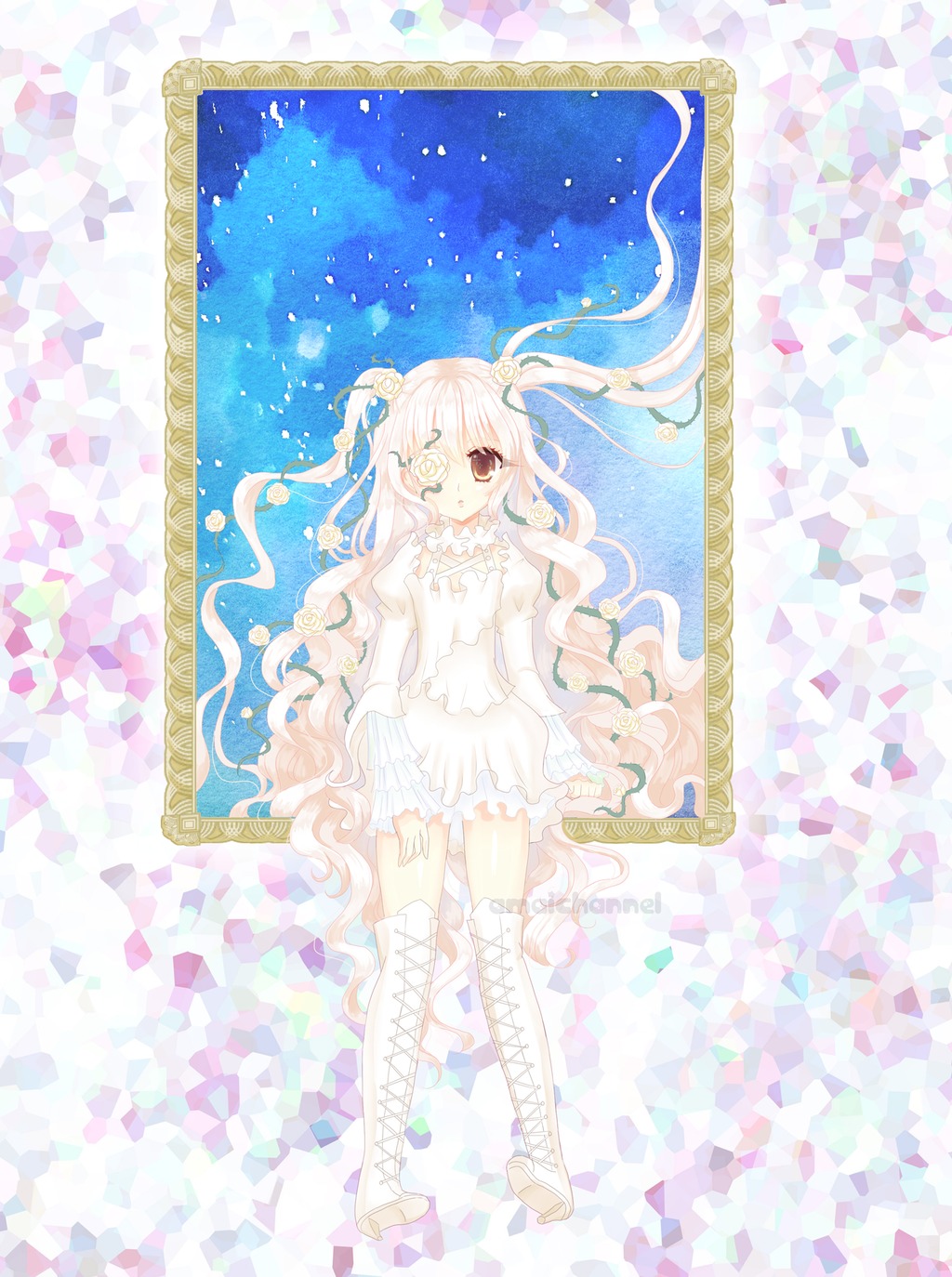 1girl boots cross-laced_footwear dress eyepatch flower full_body gradient_hair hair_flower hair_ornament heterochromia image kirakishou knee_boots long_hair pink_hair ribbon solo very_long_hair white_dress white_footwear yellow_eyes