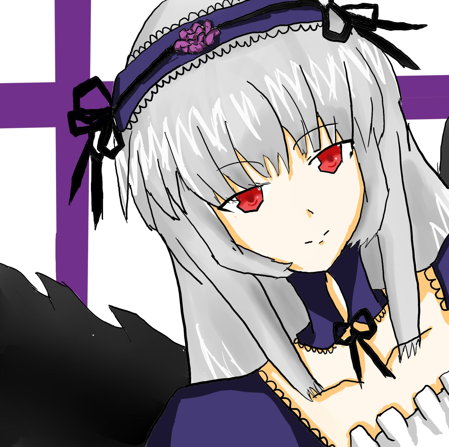 1girl black_wings detached_collar dress flower frills hairband image long_hair long_sleeves looking_at_viewer red_eyes silver_hair solo suigintou upper_body wings