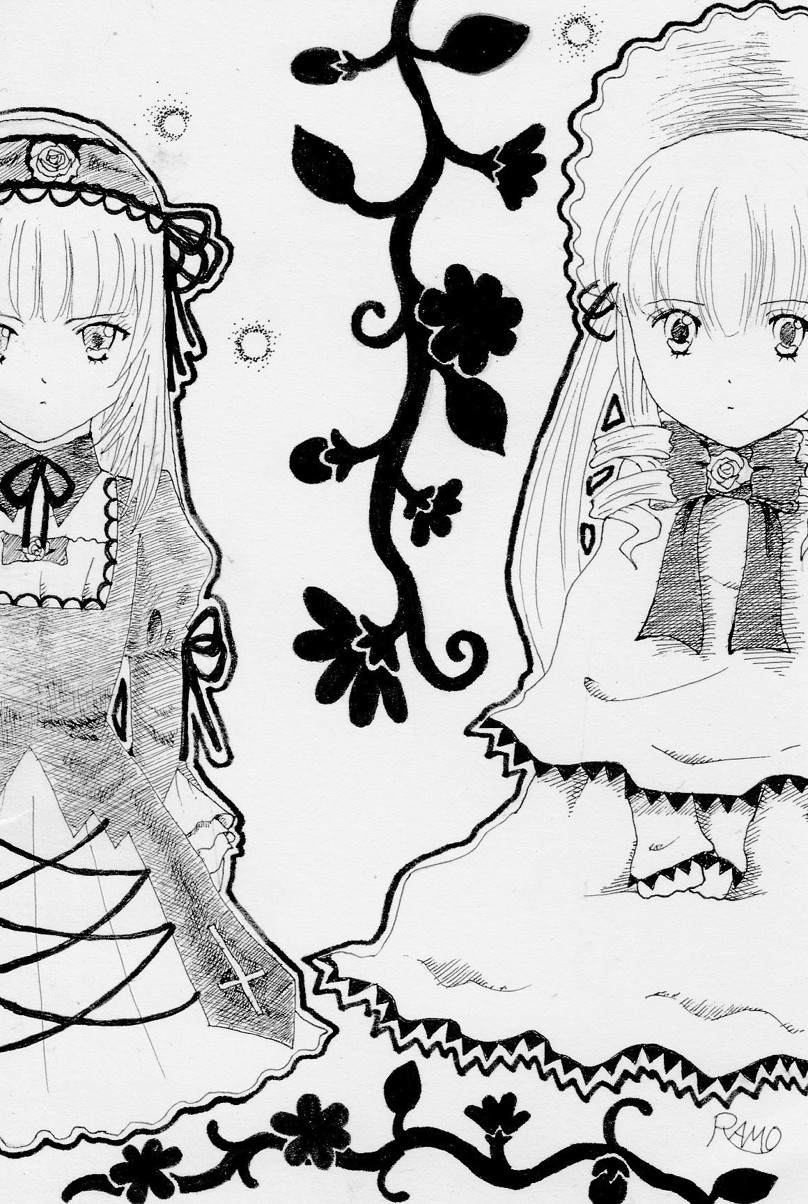 2girls bangs blunt_bangs blush closed_mouth dress eyebrows_visible_through_hair flower greyscale hairband image long_hair long_sleeves looking_at_viewer monochrome multiple_girls pair ribbon rose shinku suigintou