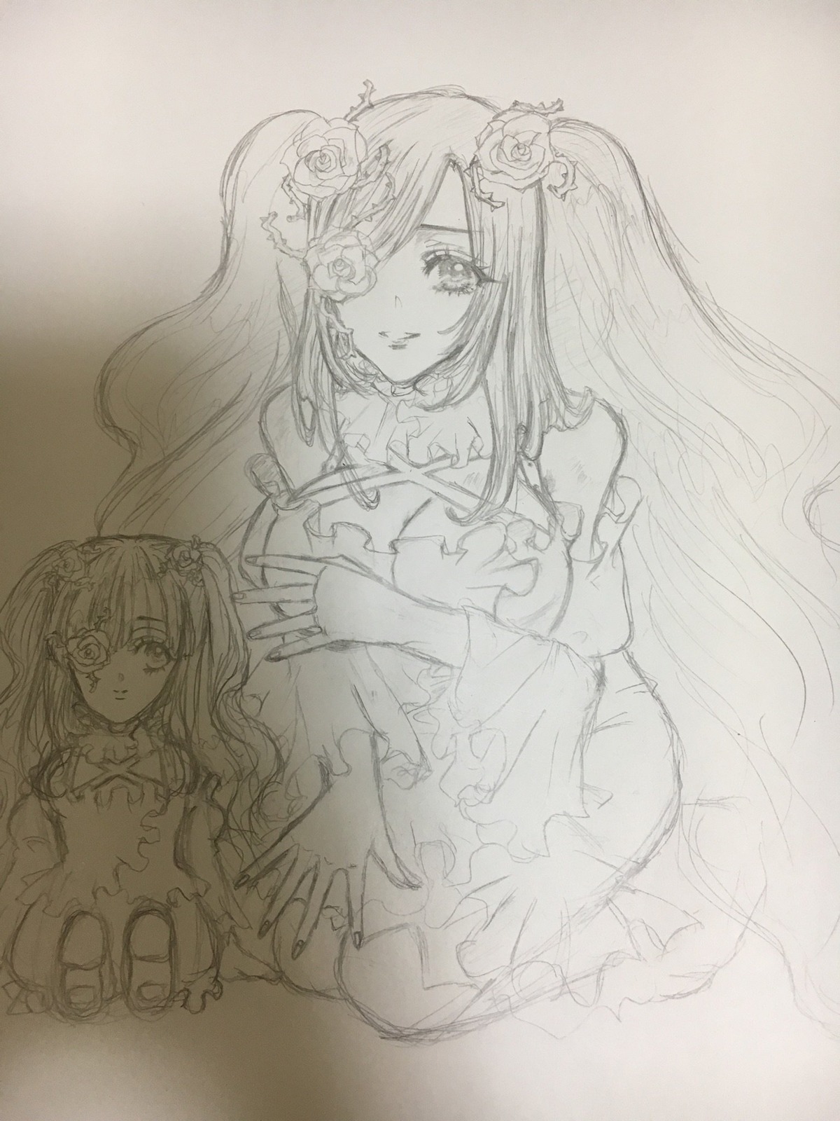 bow dress flower frills hair_flower hair_ornament image kirakishou long_hair monochrome multiple_girls rose smile solo traditional_media twintails