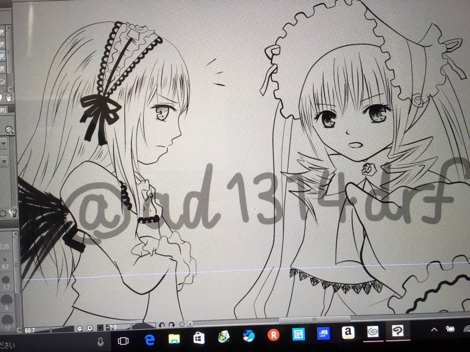 2girls dress frills greyscale hairband image lolita_hairband long_hair long_sleeves looking_at_another monochrome multiple_girls open_mouth pair profile shinku smile suigintou umbrella wings