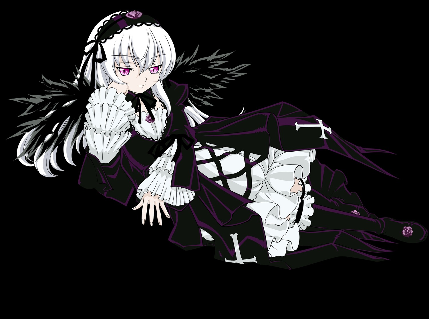 1girl black_wings dress frills full_body hairband image long_hair long_sleeves looking_at_viewer pink_eyes ribbon silver_hair smile solo suigintou transparent_background wings